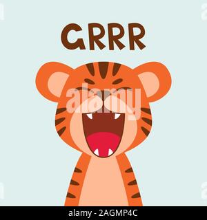 Télévision cute tiger roar bouche ouverte. Un style scandinave. Cartoon animal vecteur de caractères illustration isolé sur l'arrière-plan. Pour les enfants d'appare Illustration de Vecteur
