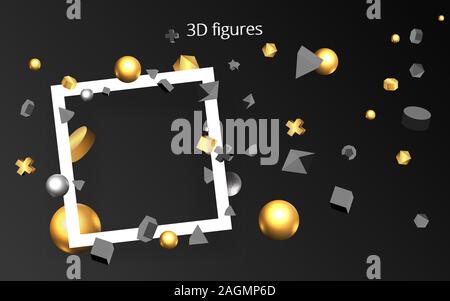 Les primitives 3D noir Doré avec cadre blanc, vector illustration géométrique réaliste pour le web et print décoration, métal mat élégant motion et figu Illustration de Vecteur