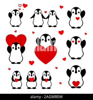 Cartoon pingouins ensemble. Télévision. caractères isolés amoureux Saint Valentines Day décoration de carte. Autocollants pour les amoureux. Illustration de Vecteur