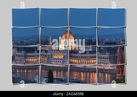 Vue sur le Danube sur le monde plus grand parlement, 268 mètres de long, 118 mètres de large, la coupole est de 96 mètres de haut, Budapest, Hongrie, Europe Banque D'Images