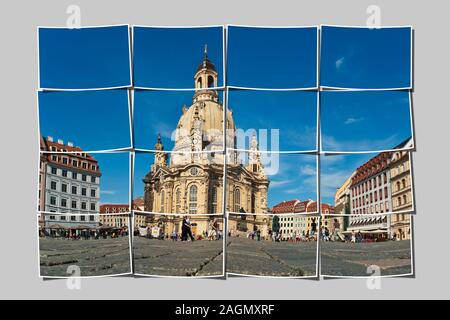 16 petites images donnent une grande image. Vue de l'église Notre-Dame, vue de la place Neumarkt, Dresde, Saxe, Allemagne, Europe Banque D'Images