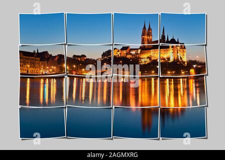 16 petites images donnent une grande image. Vue sur l'Elbe à Château Albrechtsburg, Meissen, Saxe, Allemagne, Europe Banque D'Images