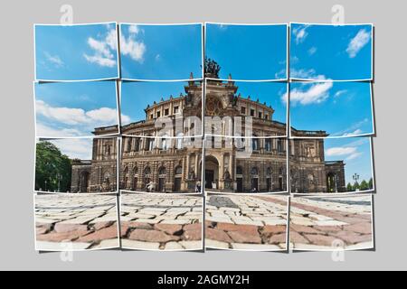 16 petites images donnent une grande image. Vue sur la place Theaterplatz à l'Opéra Semper de Dresde, Saxe, Allemagne, Europe Banque D'Images