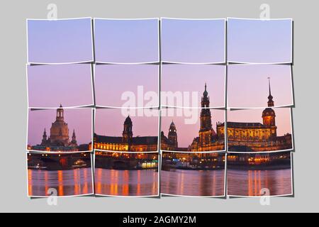 Vue panoramique sur la rivière de l'Elbe à Dresde, vieille ville de nuit, Saxe, Allemagne, Europe Banque D'Images