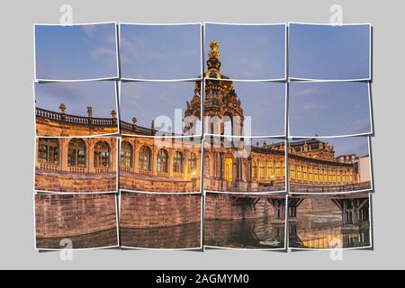 16 petites images donnent une grande image. Vue sur la porte de la Couronne à douves Zwinger, Dresde, Saxe, Allemagne, Europe Banque D'Images