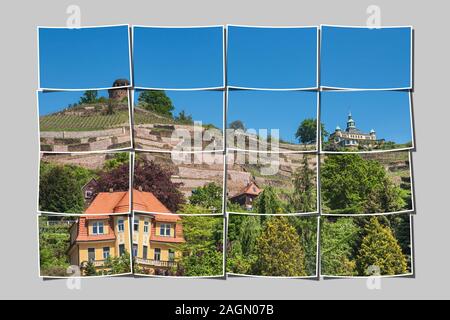Vue sur les vignes, la tour Bismarck (à gauche) et Spitz House, près de Dresden Radebeul, district administratif Meissen, Saxe, Allemagne, Europe Banque D'Images