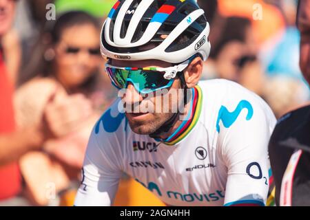 San Vicente de la Barquera, Spain-September 7, 2019 : Alejandro Valverde, cycliste de l'équipe Movistar lors de l'étape 14 de la Vuelta. Banque D'Images