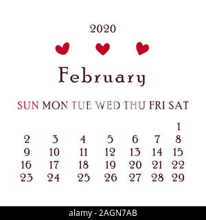 Février 2020 Calendrier. Deuxième mois de la nouvelle année, l'heure d'hiver. Pour un usage personnel et à l'office. Planificateur. Illustration sur un fond blanc. Illustration de Vecteur