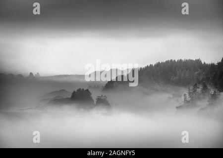 Le brouillard et les piles de la mer à la plage de la Chine sur la côte sud de l'Oregon. Banque D'Images