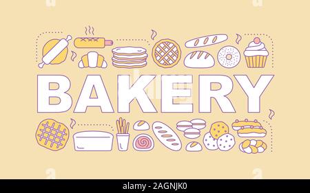 Concepts mot boulangerie bannière. Pâtisserie, confiserie. Lettrage typographie idée isolée avec icônes linéaire. Contour Vector illustration Illustration de Vecteur