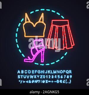 Magasin de vêtements pour femmes neon light concept icône. Idée de la mode. Petit top, jupe, chaussure haut talon. Signe rougeoyant avec alphabet, chiffres et symboles. Vector Illustration de Vecteur