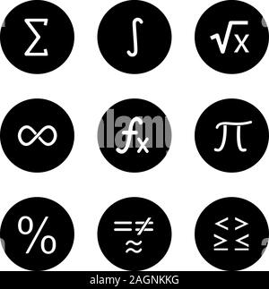 Glyphe de mathématiques icons set. Les symboles mathématiques. L'algèbre. Vector silhouettes blanc illustrations de cercles noirs Illustration de Vecteur