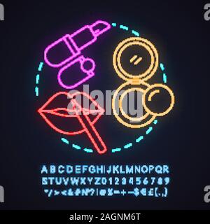 Salon de maquillage neon light concept icône. Boutique de cosmétiques pour femmes idée. Recouvrement de lèvre, poudre pour le visage, rouge à lèvres. Signe rougeoyant avec alphabet, chiffres et symboles. Illustration de Vecteur