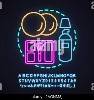 Salon de maquillage neon light concept icône. Boutique de cosmétiques pour femmes idée. Tampons de coton, fond de teint, rouge. Signe éclatant avec l'alphabet, les nombres et symb Illustration de Vecteur