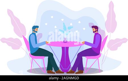 Les gars sont assis à une table dans un café boire du café. Les hommes dans un restaurant, dating gay love. Illustration moderne télévision. Vector Illustration de Vecteur