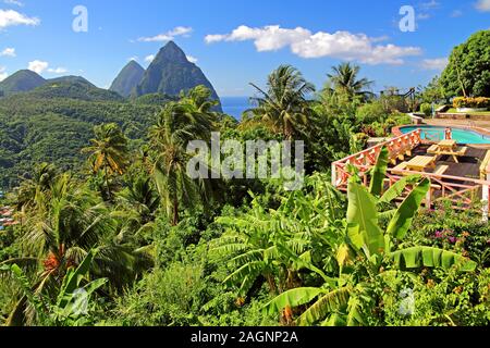 Terrasse avec piscine du La Haut Resort devant le paysage tropical avec les deux Pitons, 770m Gros Piton et Petit Piton 743m Banque D'Images