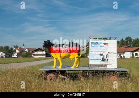 La Bavière, Allemagne - 20 juillet, 2019 ; Statue de vache dans les couleurs du drapeau de l'Allemagne, avec une protestation contre le faible prix du lait Banque D'Images