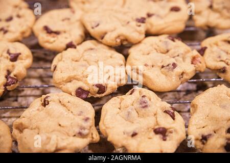 Cookies aux pépites de chocolat fait maison sur une grille de refroidissement avec selective focus Banque D'Images