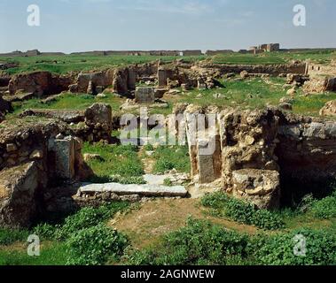 La Syrie, Dura-Europos (Salihiye dire). Ville ancienne, hellénistique, romain et Parthe.Il a été fondé vers 300 av. J.-C. et abandonnée en 256-257 AD. Vue de la Gade temple (2e siècle). Photo historique. Il a été pillé et détruit principalement entre 2011 et 2014 par l'État islamique au cours de la guerre civile en Syrie. Banque D'Images