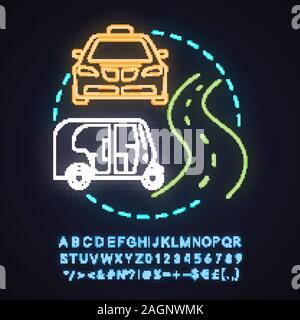 Service de taxi neon light concept icône. City transport idée. Voiture et auto rickshaw. Signe rougeoyant avec alphabet, chiffres et symboles. Mal isolé du vecteur Illustration de Vecteur