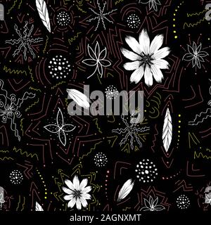 La main transparente motif fleurs et feuilles sur fond noir. - Illustration Banque D'Images
