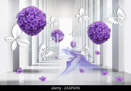 Fond d'écran 3D, l'architecture tunnel avec purple hydrangea fleurs et papillons. 3d célébration arrière-plan. Banque D'Images