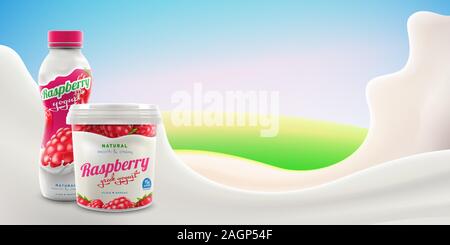 Yaourt framboise avec pot de marque annonces et bouteille sur fond lumineux avec du lait produit commercial splash mock-up vector illustration réaliste Illustration de Vecteur