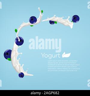 Yaourt au lait entier fond swirl design avec blueberry, vecteur commercial maquette publicitaire illustration réaliste Illustration de Vecteur