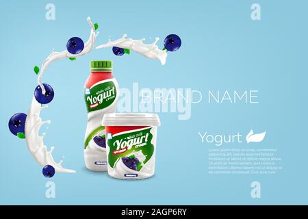 Yaourt au lait entier et de bouteille design jar avec blueberry, vecteur commercial maquette publicitaire illustration réaliste Illustration de Vecteur