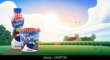 Conception de l'emballage de yogourt sur fond de plein air rural avec blueberry, vector illustration pour le lait ou le yaourt de ferme ou de marque design publicitaire Illustration de Vecteur