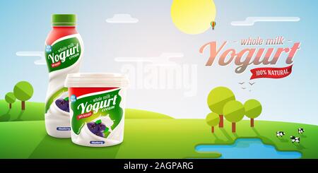 Yaourts myrtille packaging design brillant sur fond de plein air avec des arbres et des vaches, télévision technique vector illustration pour le lait ou le yogourt produit Illustration de Vecteur