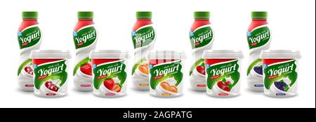 Ensemble de yaourts tout nouveau packaging design isolés pour le lait, yaourt ou crème de marque produit ou design publicitaire Illustration de Vecteur