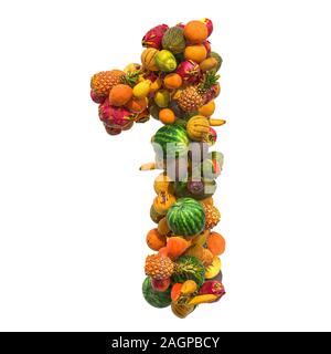 Numéro 1 à partir de fruits, 3D Rendering isolé sur fond blanc Banque D'Images