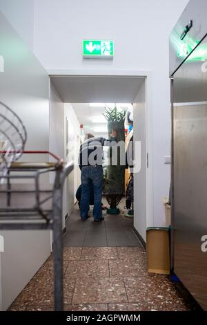 Magdeburg, Allemagne. Dec 19, 2019. Un visiteur de la mission de la station met en place un arbre de Noël. Une petite fête de Noël aura lieu le 24 décembre 2019, à laquelle tout le monde va recevoir un cadeau. Credit : Klaus-Dietmar Gabbert/dpa-Zentralbild/dpa/Alamy Live News Banque D'Images