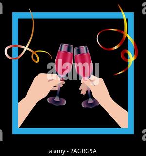 Deux mains clink lunettes. Wineglasses, rouge verre ou du vin. Cadre Bleu, la serpentine. Séjours à thème, Noël, le Jour de Valentines. Vector illustration. Pour b Illustration de Vecteur