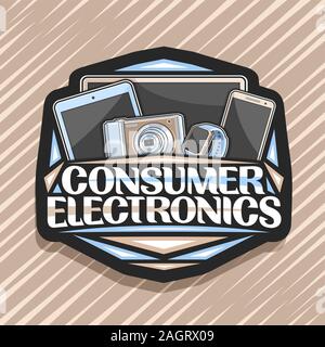 Logo vector for Consumer Electronics, badge décorative noire avec illustration de set brown articles électroniques, pancarte avec lettrage original pour wo Illustration de Vecteur