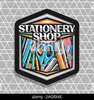 Logo Vector pour Papeterie, noir avec panneau hexagonal illustration de divers groupe école colorés décoratifs, accessoires de lettrage pour w Illustration de Vecteur