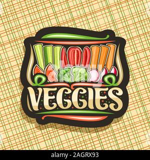 Logo Vector pour légumes, signe sombre avec une illustration de légumes crus situé dans une rangée, de caractère décoratif pour mot veggies, conception pancarte pour farmer Illustration de Vecteur