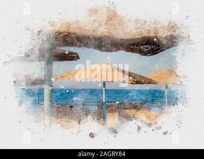 Illustration à l'aquarelle la peinture avec des taches de peinture, paysage de mer bleue et de parasols en chaume Banque D'Images