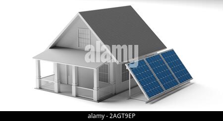 Alternative solaire, énergie renouvelable, eco green home concept. Panneaux photovoltaïques et d'une maison de famille isolée modèle contre l'arrière-plan blanc. Illust 3d Banque D'Images