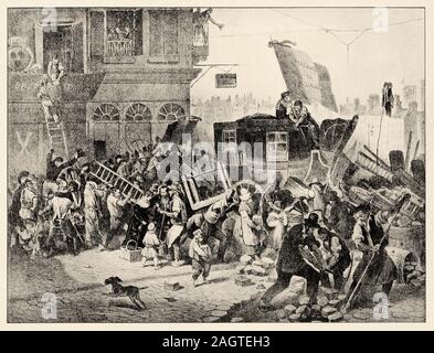 L'insurrection de Paris, le 29 juillet 1830, les gens à construire une barricade. La révolution de juillet 1830 est la deuxième révolution française après celle de 1789. Il Banque D'Images