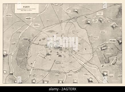 Aperçu de Paris en 1870, de ses principaux monuments historiques de la ligne d'enciente et ses forts. Le siège de Paris est un épisode de la relation franco-allemande Banque D'Images