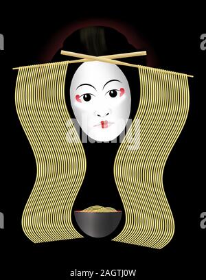 Nouilles ramen japonais sont vus avec des baguettes, un bol et une Geisha visage. Banque D'Images