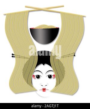 Nouilles ramen japonais sont vus avec des baguettes, un bol et une Geisha visage. Banque D'Images