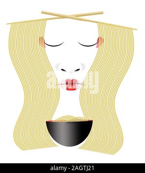 Nouilles ramen japonais sont vus avec des baguettes, un bol et une Geisha visage. Banque D'Images