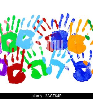 Empreintes multicolores sur fond blanc Banque D'Images