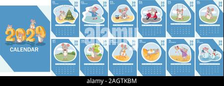 Vector 2020 calendrier avec illustartions de rats ou souris pour chaque mois. Illustration de Vecteur