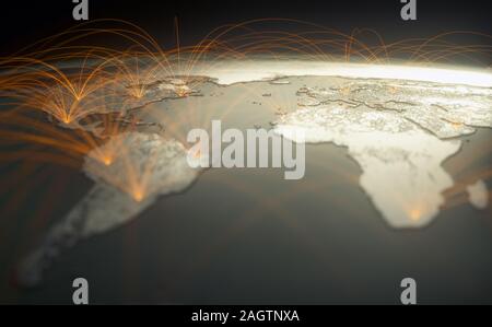 La mondialisation, l'avenir de la technologie numérique. Connexions et le cloud computing dans le monde virtuel. Carte du monde avec les connexions de données par satellite. C Banque D'Images