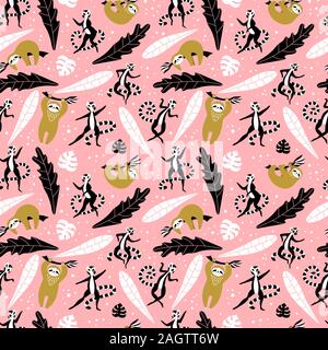 Modèle sans couture avec mignon lémuriens et des paresseux avec éléments floraux sur fond rose. Télévision vector illustration. Illustration de Vecteur