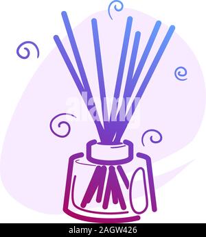 Aroma sticks en bois dans un bocal en verre couleur ligne icône avec trou pour la ronde met en lumière des histoires. L'huile parfum liquide. Bâtonnets de fragrance d'air essentiel de l'aromathérapie. Pictogramme de Spa et de beauté isolé. Illustration de Vecteur